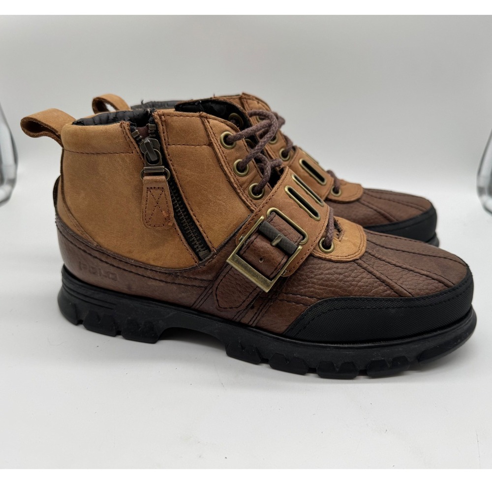 READ Polo Ralph Lauren Allendale Mens Brown Leather Duck Boots Buckle Zip 9.5 D